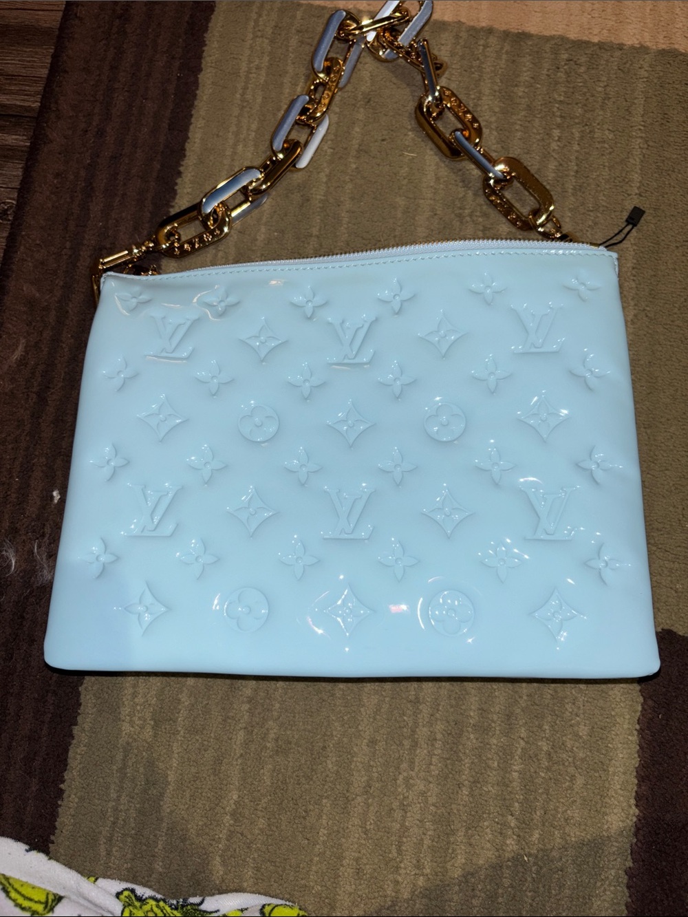 Louis Vuitton Coussin Light Blue Patent Monogram Clutch with Gold Chain